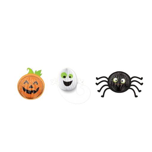 Sada 3 závěsných halloweenských dekorací – Netopýr, duch a pavouk